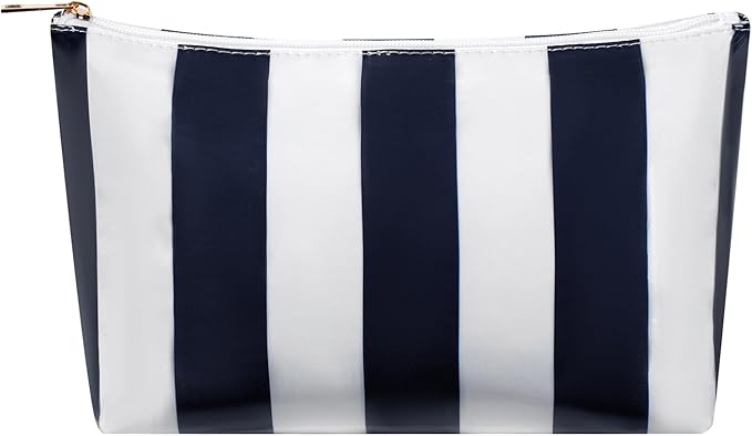 Large PVC Waterproof Striped Makeup Bag,Clear Coated Cosmetic Bags,Easy to Clean,Travel Organizer Zipper Pouch Beach Vacation Essentials for Women Girls(07Dark Blue)
