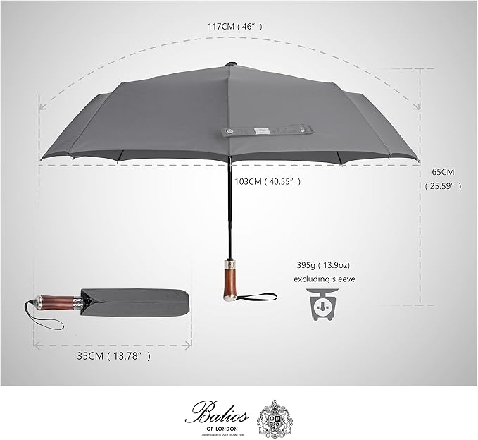 Balios (Designed in UK) Travel Umbrella Luxurious Golden Hardwood Handle Auto Open & Close Windproof Frame Single Canopy Automatic Folding Umbrella Men's & Ladies