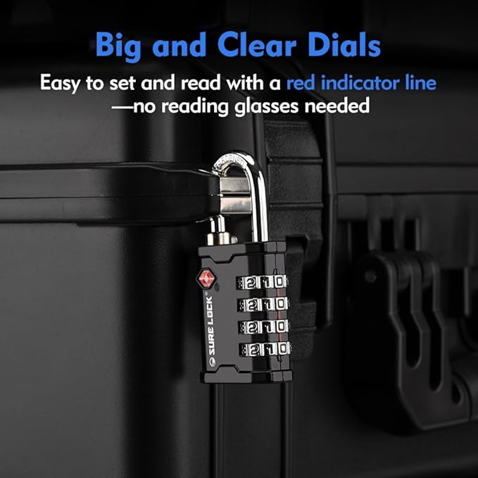 SURE LOCK TSA Accepted 4 Dig Heavy Duty Big Combination Luggage Padlock All Metal Travel Lock for Equipment Hard Case Luggage Gun Case Gym Locker Pelican Vault Lock(2, Black)
