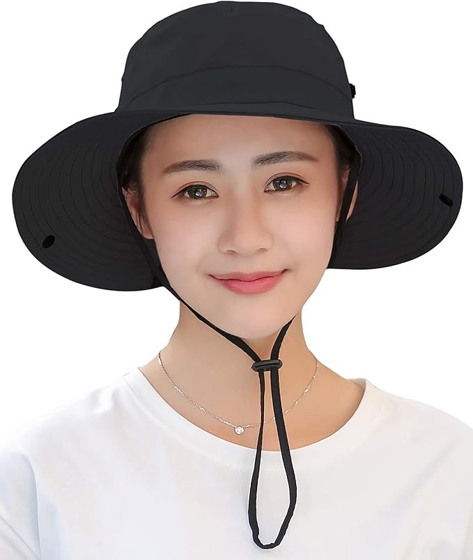 Womens Summer Sun-Hat Outdoor UV Protection Fishing Hat Wide Brim Foldable-Beach-Bucket-Hat with Ponytail-Hole