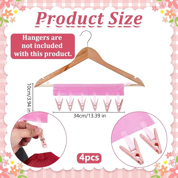WADORN 4 Pack Travel Hanger Clips, Baseball Cap Hangers with 6 Clips Foldable Clothes Hanger Clip Compact Folding Sock Clip for Swimsuit Towel Underwear Dorms Camping Fits All Size Hangers, Pink