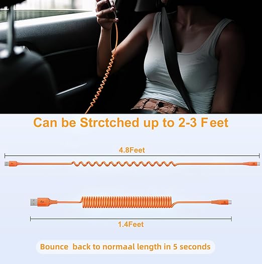 Coiled USB A to USB C Cable for Car [3FT+6FT], USB to USB C Cable Fast Charging 60W, USB Type C Cable iPhone Charger USBC Cord for iPhone 17/16/15/Pro Max/Plus/Samsung Galaxy S26/S25/Ultra-Orange