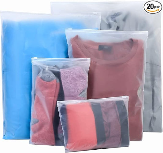 20 Pcs Travel Storage Bags, Clothes Packaging, Reusable Plastic Ziplock, Frosted Waterproof Resealable Clothing Zipper Pouch for Shoes Cosmetics Storage