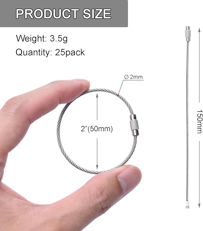CooBigo 25 Pack Wire Key Ring Large Cable Key Chain Rings 6" Metal Keychain Keyring Loop Bulk for Outdoor Luggage Tags(THICK: 2MM)