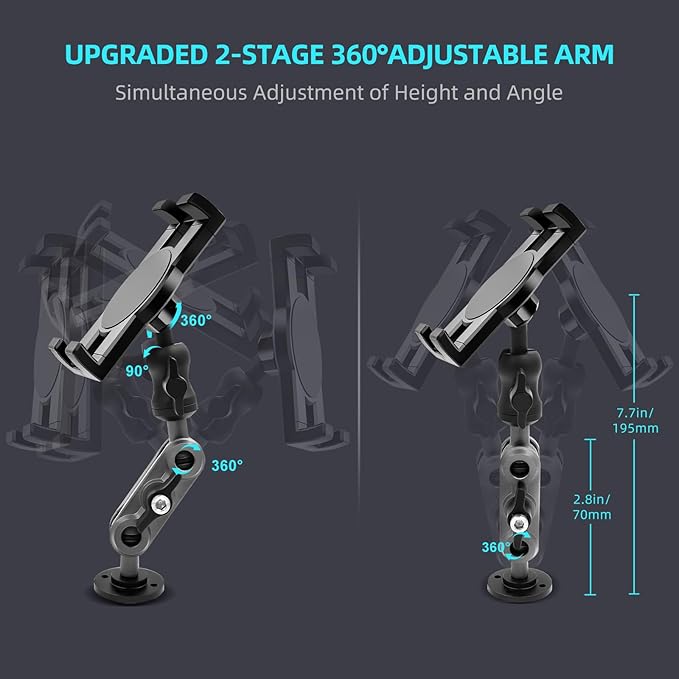 Porfortop Aluminum Heavy Duty Drill Base Tablet Holder Car Mount Dashboard, 360° Adjustable 2-Stage Stand for 4.7-12.9" iPad Pro/Air/Mini/Galaxy Tab, for Car Truck Wall Desk Commercial Vehicle