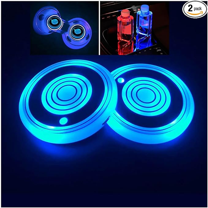 2PCS LED Car Cup Holder Lights, Car Coasters for Cup Holders 7 Colors Changing USB Charging Mat Waterproof Cup Pad, Car Gifts for Men & Women