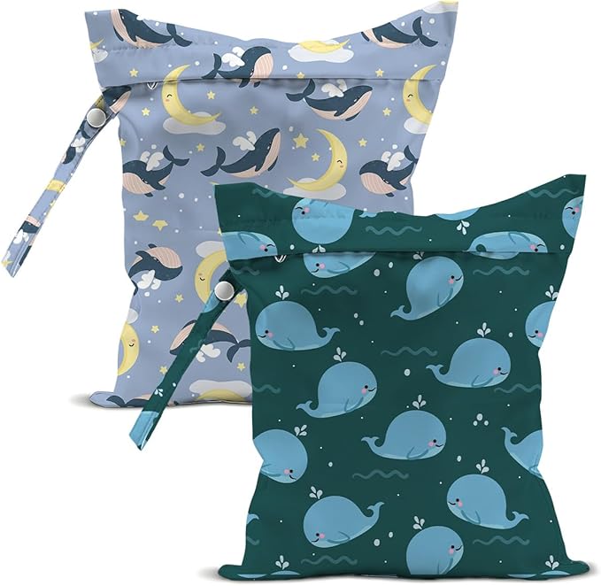 2-Pack Reusable Wet Bags, Fish & Marine Animal Pattern Wet Dry Pouch for Outdoor Daily Carrying