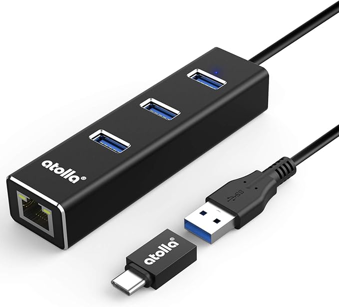 USB 3.0 Hub with Gigabit Ethernet — 3-Port SuperSpeed USB-A Hub + USB-C Adapter, 5Gbps Data Transfer, Plug-&-Play, Aluminum Design — Compatible with MacBook Pro/Air, Dell XPS, Surface, Chromebook