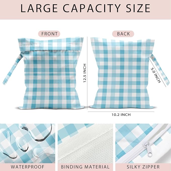 Wet Bag, 4Pcs Wet Dry Bag Set, Reusable Waterproof Bags with Fresh Plaid Patterns for Women, Suitable for Beach Trips, Pool Activities & Daily Organizing