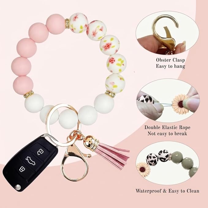 2PCS Bracelet Key Ring Set, Cute Car Key chain Wristlet, Silicone Beaded Bangle keyChains for Women Girls