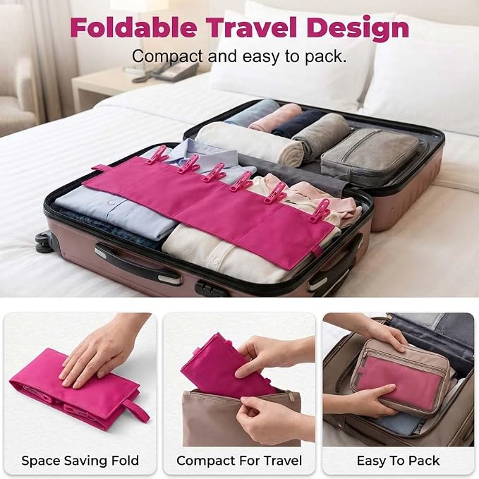 Foldable Travel Laundry Hanging Clip, 2026 New Lightweight Travel Hangers for Cruise and Hotel, Portable Folding Clothes Hanger with 6 Clips for Swimsuits Underwear Socks 3 Pack