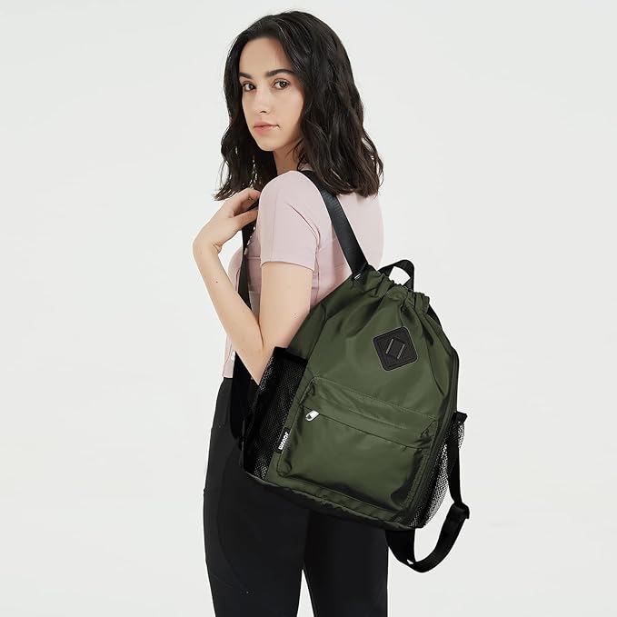 WANDF Drawstring Backpack Sports Gym Bag with Shoes Compartment, Water-Resistant String Backpack Cinch for Women Men (Small,Dark green)