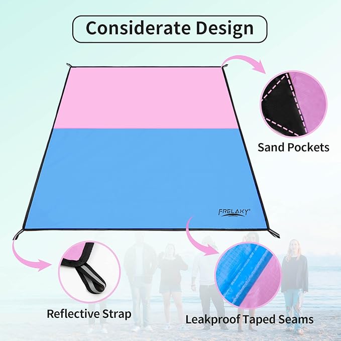 Frelaxy Pocket Picnic Blanket, Waterproof Sandproof Beach Mat, Compact Camping Tarp for Festivals, Hiking, Travel, Outdoor Recreation (Pink & Blue, 57'' x 60'')