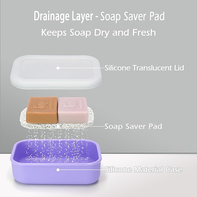 AIDIMMING Large Clear Lid Travel Soap Case, Leak-Proof Shampoo Bar Holder for Kitsch Shampoo and Conditioner Bar Set, Visible Container with Drain Pad for Oversized Handmade Bars, Travel Gym, Purple