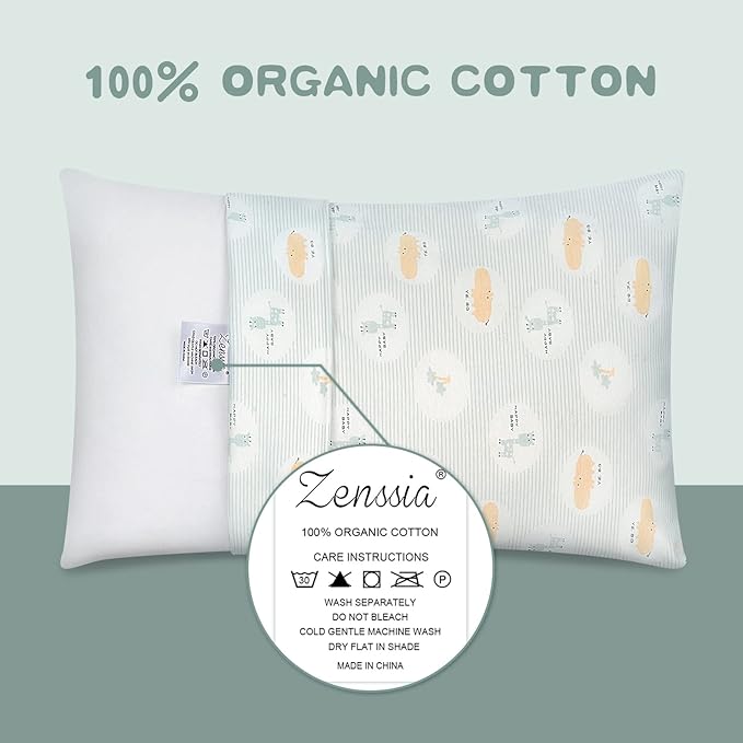 Zenssia Organic Cotton Toddler Pillowcase/Travel Pillowcase Pack of 2 Set 13x18 Inches with Envelope Closure - Soft & Breathable Baby Pillow Case Cover with Cute Animal Printing, Blue