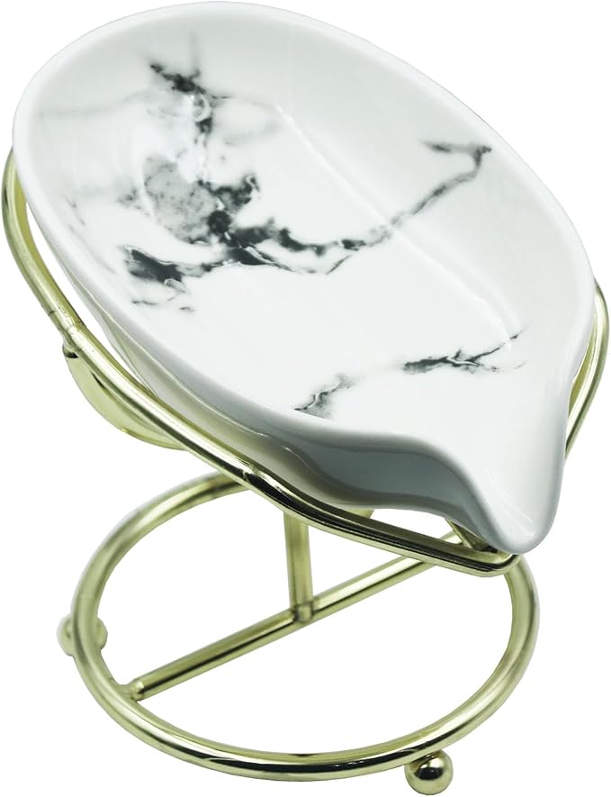 Ceramic Soap Dish, Leaf Shape Self Draining Soap Holder, Sponge Holder, for Shower,Bathroom,Kitchen Sink Organizer (White Marble)