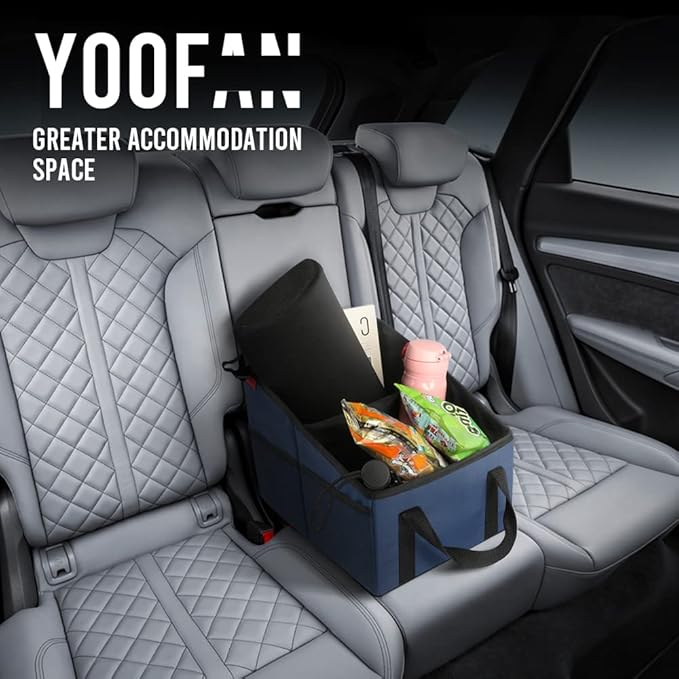 YOOFAN Car Seat Organizer - Passenger Seat Organizer, Collapsible Small Car Seat Storage for Console Front or Back, Automotive Backseat Organizer with Belt 4 Cup Holders for Kids Accessories, Blue