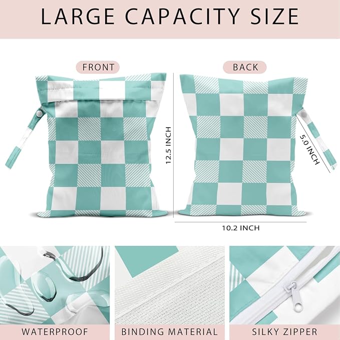 Wet Bag, 4Pcs Wet Dry Bag Set, Reusable Waterproof Bags with Blue Diamond Lattice & Mint Checkerboard Prints for Women, Ideal for Beach, Pool & Travel