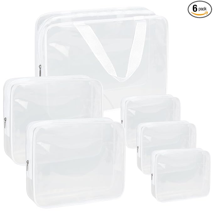 APREUTY Clear Makeup Bags, TSA Approved 6 Pcs Cosmetic Makeup Bags Set Clear PVC with Zipper Handle Portable Travel Luggage Pouch Airport Airline Vacation Organization (Bright White)