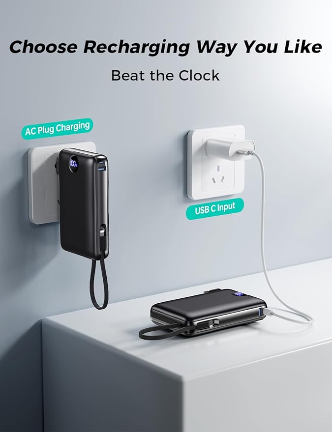Portable Charger Power Bank 50000mAh Larger Capacity, Built-in Wall Plug USB-C & iOS Cables, 22.5W Fast Charging Battery Pack with LED Display, Travel Essential for Camping, iPhone, Samsung Black