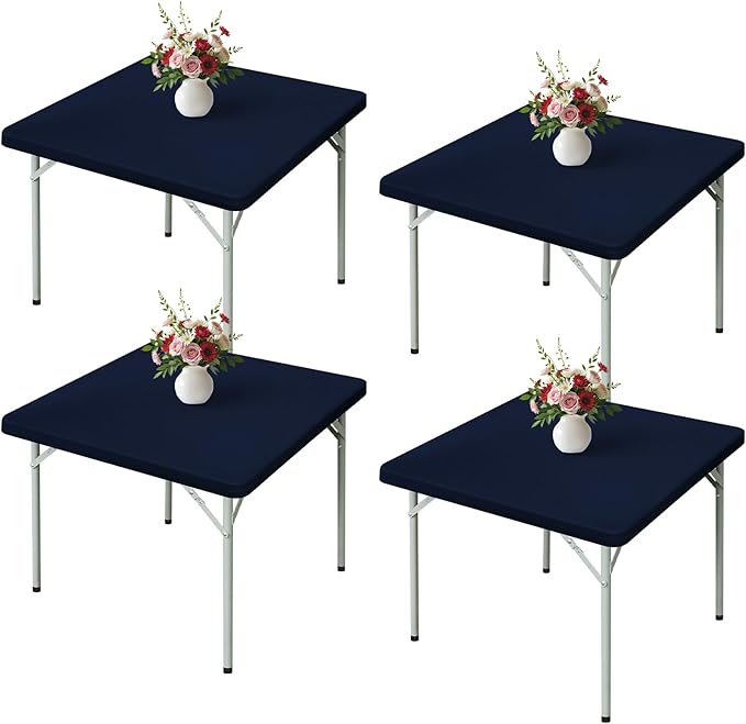 Wolkemer 4 Pack Navy Blue Fitted Tablecloth 34x34 Inch Square Elastic Edges Table Cloth, Spandex Stretch Table Cover with Machine Washable Fabric for Wedding Party Picnic Dining Indoor Outdoor
