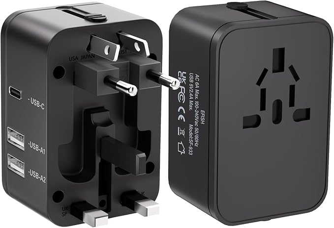 Travel Plug Adapter with 2 USB A+1 USB C,Universal All in One Worldwide Travel Adapter,Power Converters Wall Charger,AC Power Plug Adapter,International Power Adapter for USA EU UK AUS Black