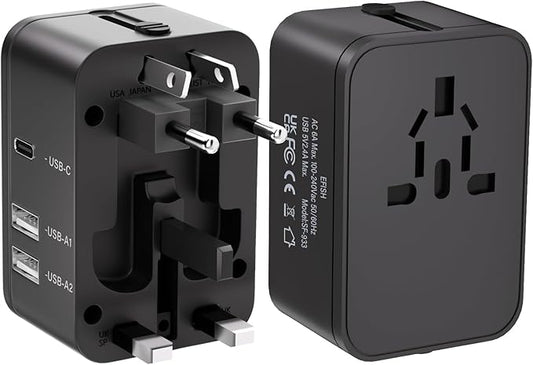Travel Plug Adapter with 2 USB A+1 USB C,Universal All in One Worldwide Travel Adapter,Power Converters Wall Charger,AC Power Plug Adapter,International Power Adapter for USA EU UK AUS Black