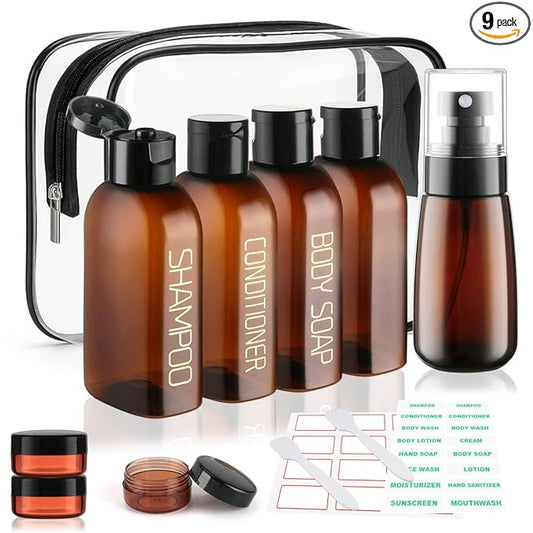 Cosywell Travel Bottles for Toiletries 9PCS Plastic Squeeze Bottles TSA Approved Travel Size Containers Leakproof Plastic Cream Jars Refillable Cream Lotion Travel Essential Toiletries