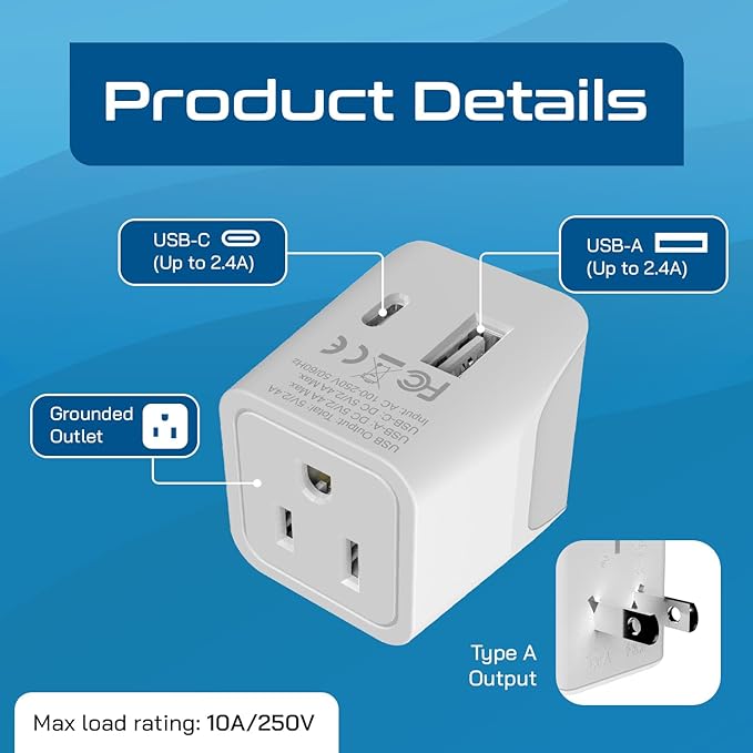 Ceptics Japan, Philippines Travel Adapter Plug with USB-A + USB-C - Usa Input - Type A - Ultra Compact (CTU-6) - Perfect for Cell Phones, Laptops, Camera Chargers