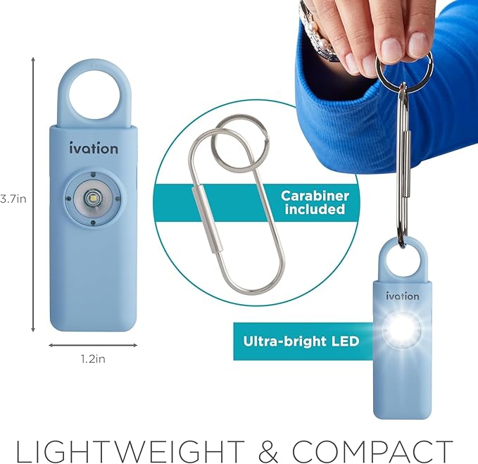 Ivation Personal Rechargeable SOS Alarm, Pocket Size Loud 130dB Sound Safety Siren & LED Panic Strobe Light with Carabiner Keychain Clip for Women, Children & Seniors, Blue