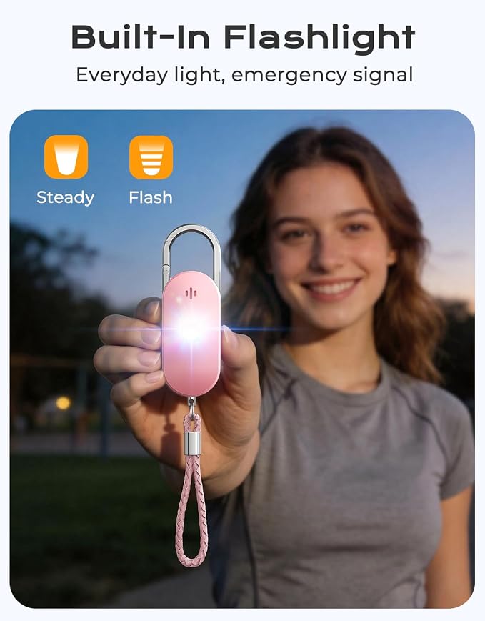 ISEYOU Personal Safety Alarm, 130dB Double Speakers Personal Alarms for Women, Strobe Light and Low Battery Notice, Rechargeable Self Defense Keychain for Seniors College Girls Gift
