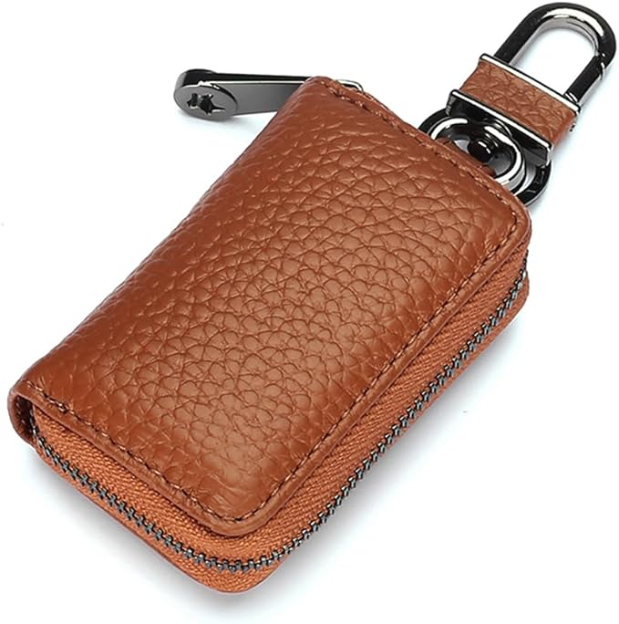 Leather Car Key Case with Zipper, Compact Smart Key Fob Holder with Keychain, Portable Car Key Organizer Pouch