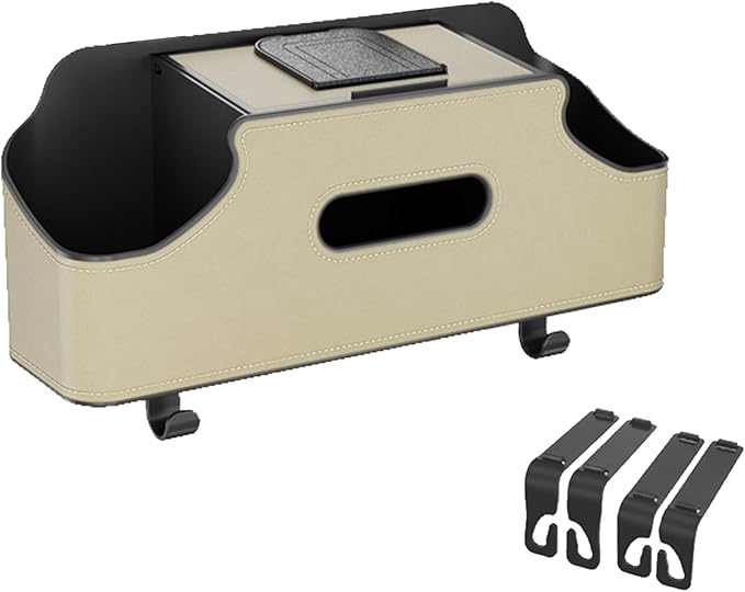 Car Headrest Backseat Organizer, Multi-Functional Vehicle Headrest Hanging Storage Box with Hook Cup Phone Holder Tissue Box, Universal Automotive Interior Seat Back Organizer (Beige)