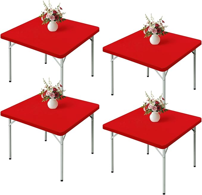 Wolkemer 4 Pack Red Fitted Tablecloth 34x34 Inch Square Elastic Edges Table Cloth, Spandex Stretch Table Cover with Machine Washable Fabric for Wedding Party Picnic Dining Indoor Outdoor