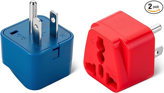 Bates- UK to US Plug Adapter, 2 Pack, Blue and Red, EU to US Plug Adapter