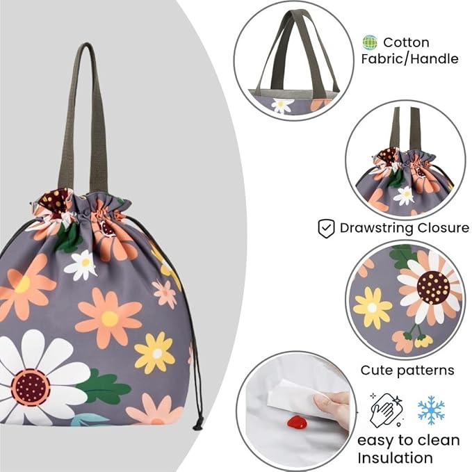 Reusable Small Lunch Bag,Drawstring Lunch Bag,Insulated Handbag Tote bag with Handle (Sunflower 2.0)