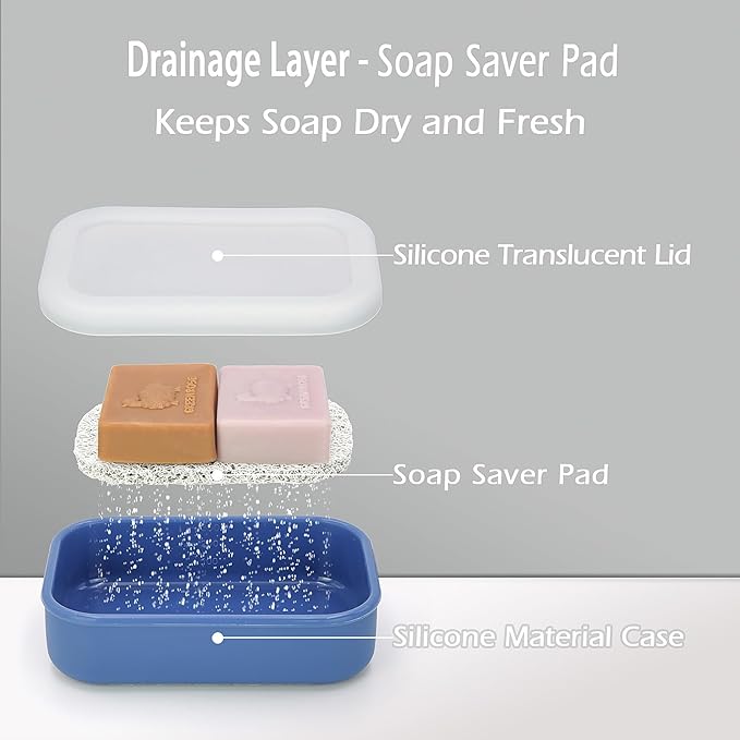 AIDIMMING Large Silicone Travel Soap Case,Clear Lid Leak-Proof Shampoo Bar Holder for Kitsch Shampoo & Conditioner Bar Set, Drain Tray Soap Container for Large Soap Bars, Gym Camping Bathroom, Blue