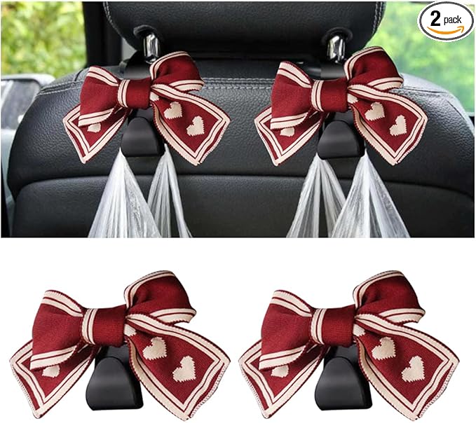 Mandark 2PCS Car Seat Headrest Hooks, Cute Bow Vehicle Hooks for Purses and Bags, Automotive Purse Hook Hanger Interior Decoration Accessories, Universal for SUV, Sedan, Truck (Red Line)