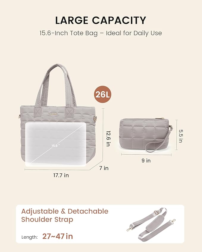 LOVEVOOK Laptop Tote Bag for Women, 15.6 Inch Large Puffer Work Computer Tote Bags for Teacher Nurse, Quilted Women's Purse Tote Shoulder Handbags with Zipper for Travel College Office Gym, Sandy