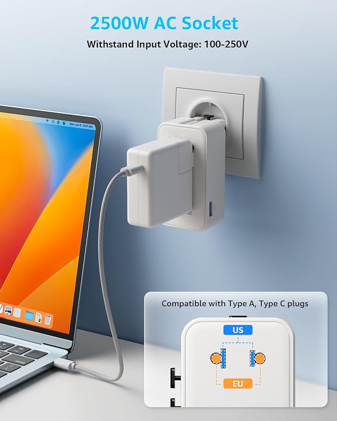 “Air” Universal Travel Adapter, Slim International Travel Plug Adapter with 3 USB-C(GaN 45W) ＆ 1 USB-A Ports, All in One Portable Adaptor, for USA, UK, EU, AU ＆ 224+ Countries (White) US