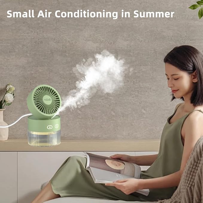 Personal Cooling Fan and Small Air Humidifier 350ml with LED Night Light, Desktop USB Charging 3 in 1 for Office and Small Room, No Battery, Green