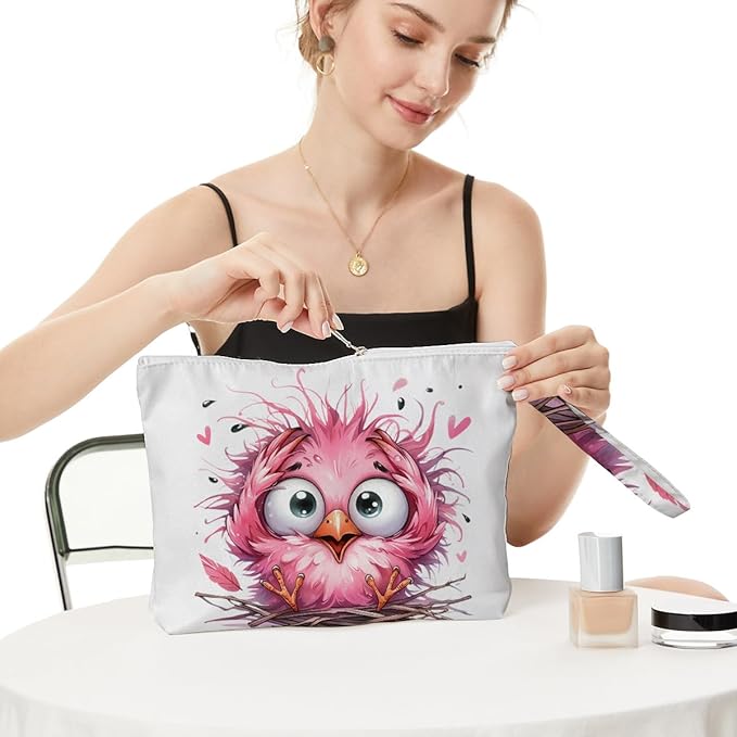 Fokongna Cute Print Wet Bag, Small Portable Waterproof Multi-Functional Organizer for Women, Pink Fluffy Baby Bird, Ideal for Daily, Beach & Travel