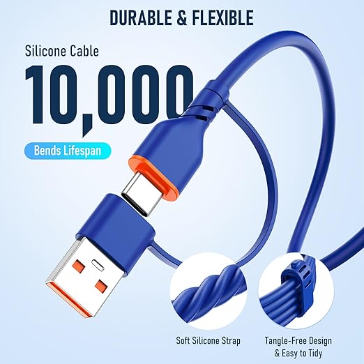 Travel Essentials 3 in 2 Multi Charging Cable 100W USB A/C to Dual USB C/for Apple Watch Charging Cable Silicone Fast Charge Compatible with iPhone 17-15 Series iPad MacBook, Type-C Devices 5FT-Blue