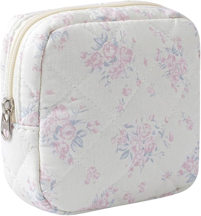 RSRSLEII Small Quilted Cosmetic Pouch for Purse, Mini Cotton Makeup Bag with Compartments, Cute Zipper Lipstick Holder for Women (13PinkRose)