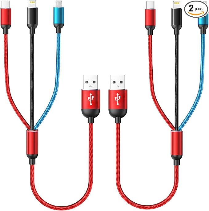 Short Multi Charging Cable, 1FT 2Pack Fast Multiple USB Cable 3 in 1 Charging Cable Universal Multi Charging Cord with IP, Type-C, Micro USB Connectors for Cell Phone Tablets,Samsung and More