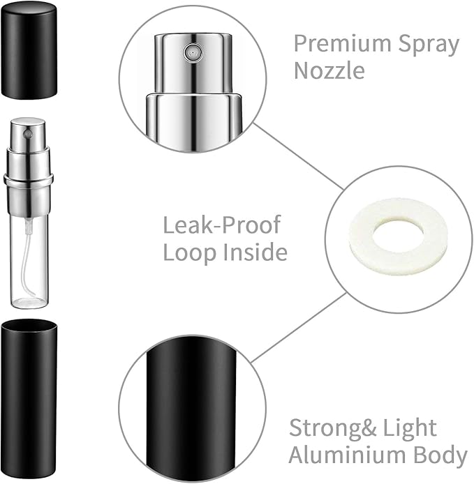 Motiskyy 70 Pcs 5 ml Refillable Perfume Atomizers Bulk - Mini Travel Cologne Sprayers with Refill Pump & Transfer Tool for Perfume Makers & Small Studios(Black)