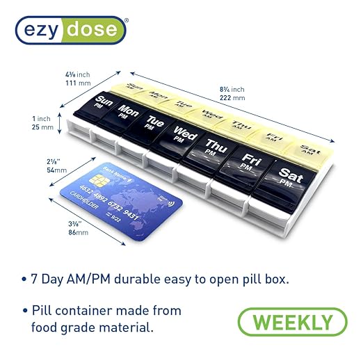 EZY DOSE Push Button (7-Day) Pill Case, Medicine Planner, Vitamin Organizer, 2 Times a Day, AM/PM Container, X-Large Compartments, Arthritis Friendly, Easy to Use, Clear Lids, Blue/Yellow, BPA Free
