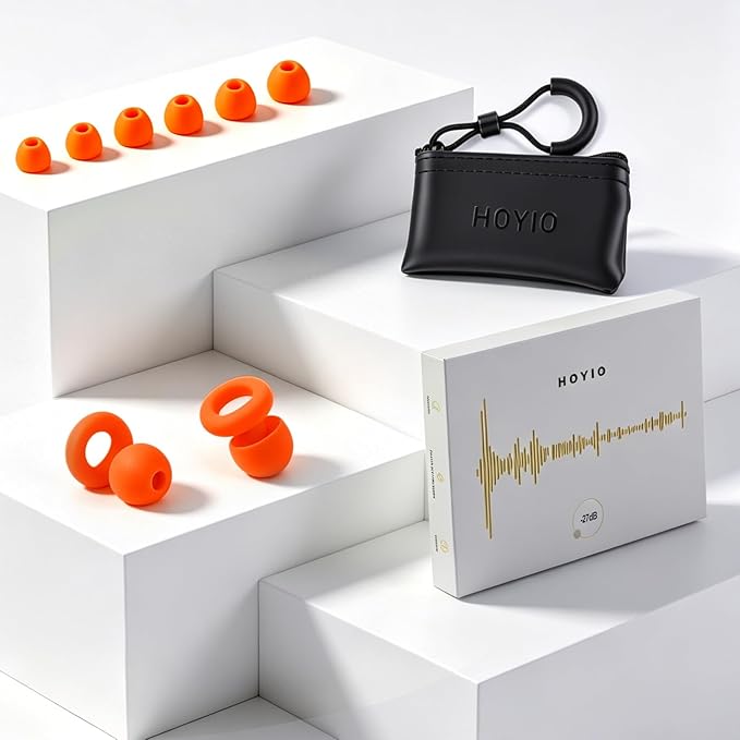 Ear Plugs for Noise Reduction–Super Soft, Reusable Hearing Protection in Flexible Silicone for Sleep, Noise Sensitivity & Flights-8 Ear Tips in XS/S/M/L–27dB Noise Cancelling–Orange
