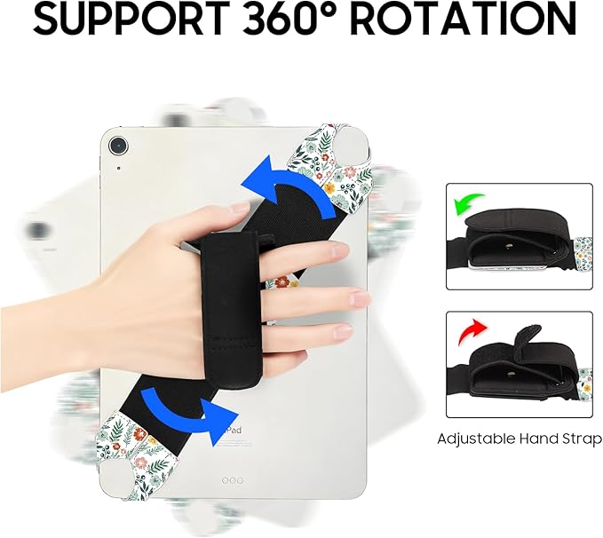 FINTIE Universal Tablet Hand Strap Holder for 9-11 Inch Tablets eReaders, 360 Degrees Swivel PU Leather Secure Portable Adjustable Handle Grip for iPad, Galaxy Tab and 9-11" Tablets (Spring Bloom)