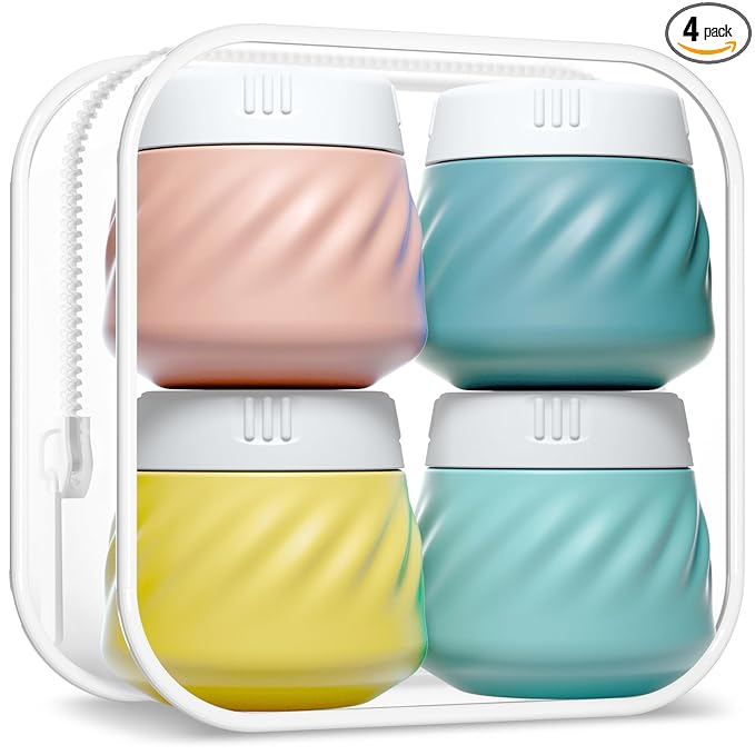 Gemice Silicone Cream Jars TSA Approved Travel Size Containers with Toiletry Bag, Wide Mouth Leak-proof Travel Accessories with Lid for Cosmetic Cream (4 Pack)